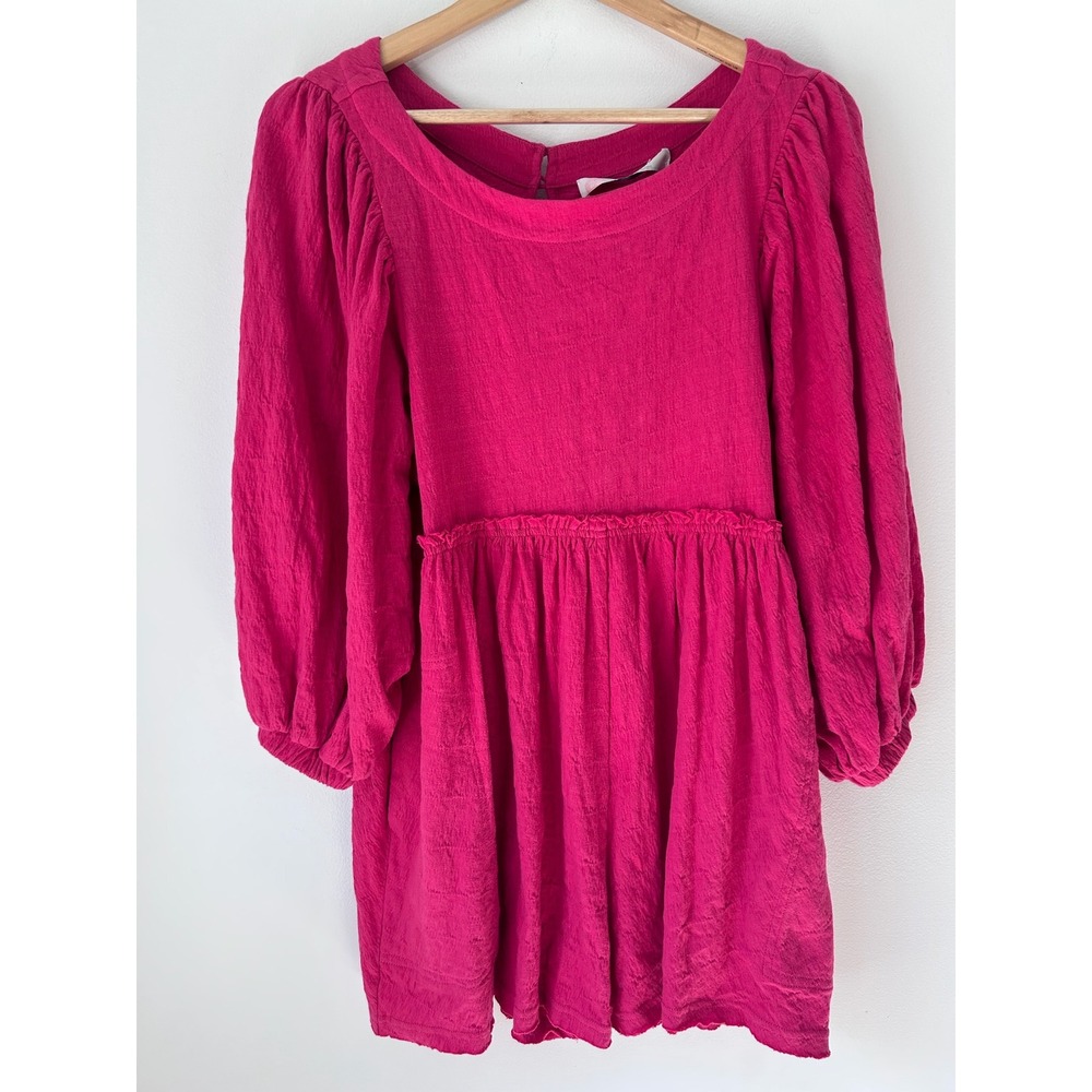 Free People Beach Pink Linen Blend Puff Sleeve Mini Dress XS Boho Feminine Flowy